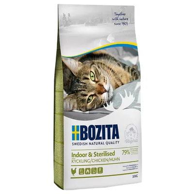 Bozita Indoor & Sterilised корм для кошек с курицей, 79% животного белка, 10 кг. Swedish Natural Quality, подходит для стерилизованных кошек. Together with nature since 1903.