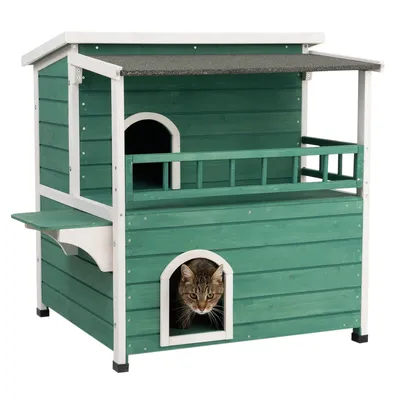 Grünes Katzenhaus aus Holz mit zwei Ebenen, Balkon und überdachtem Eingang. Katze schaut aus dem unteren Eingang heraus.