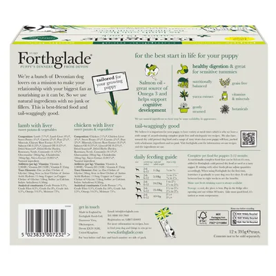 Forthglade puppy food packaging showing ingredients, feeding guide by weight and age, nutritional benefits like grain free, Omega 3, vitamins, minerals, and contact details.