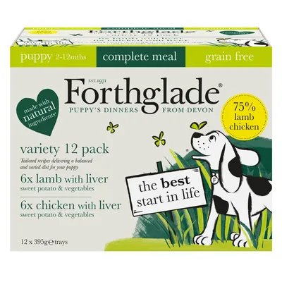Forthglade variety 12 pack for puppies aged 2-12 months, complete meal, grain free, made with natural ingredients, 6 lamb with liver, 6 chicken with liver, 75% lamb and chicken.