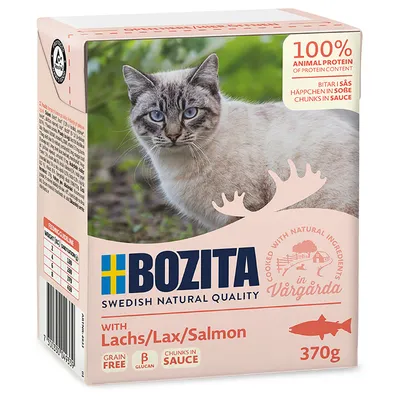 Bozita Swedish Natural Quality with salmon, 370g. Grain free, chunks in sauce, cooked with natural ingredients in Vårgårda. 100% animal protein content.