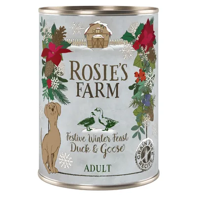 Rosie's Farm Festive Winter Feast Duck & Goose ADULT, ricetta senza cereali, lattina con disegni natalizi e cane. Testo in inglese.