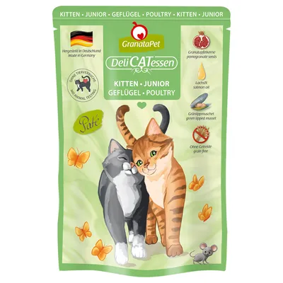 GranataPet DeliCATessen πατέ για γατάκια Junior με πουλερικά. Παρασκευάζεται στη Γερμανία, χωρίς δοκιμές σε ζώα, χωρίς δημητριακά, περιέχει σπόρους ροδιού, λάδι σολομού και πράσινο χειλικό μύδι.