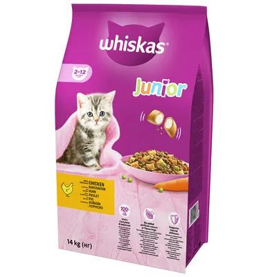 Whiskas Junior 2–12 měsíců, s kuřecím, 14 kg. Na obalu kotě, miska s granulemi, text: 100% kompletní a vyvážené, bez umělých barviv a aromat, podporuje obranyschopnost.