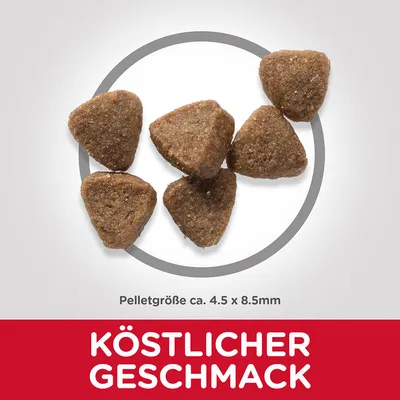 Гранулы корма, размер около 4,5 × 8,5 мм. Текст на немецком: KÖSTLICHER GESCHMACK (вкусно).