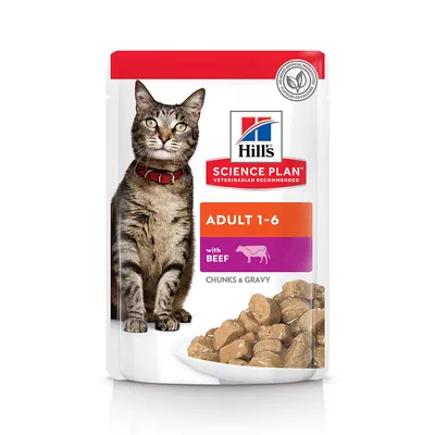 Hill's Science Plan Adult 1-6 met rundvlees, stukjes en saus. Aanbevolen door dierenartsen. Zonder kunstmatige conserveermiddelen. Verpakking toont een kat en voer in saus.
