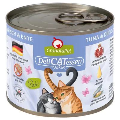 GranataPet DeliCATessen tuniak a kačica, vyrobené v Nemecku, bez obilnín, s granátovým jablkom, lososovým olejom a zelenou mušľou. Bez testovania na zvieratách. Paštéta pre mačky.