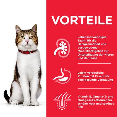 Vorteile: Taurin für Herzgesundheit, Mineralstoffe für Nieren und Blase, leicht verdauliche Zutaten mit Fasern für Verdauung, Vitamin E, Omega-3 und -6 für Haut und Fell.