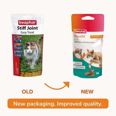 Comparison of old and new packaging for joint care treats, showing updated design with omega 3 and glucosamine features. Text states: New packaging. Improved quality.