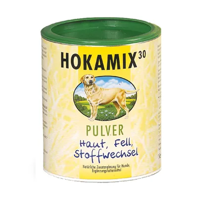 HOKAMIX 30 PULVER, Haut, Fell, Stoffwechsel. Natürliche Zusatznahrung für Hunde, Ergänzungsfuttermittel. Dåse med billede af hund på gul baggrund.