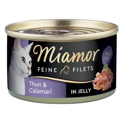 Miamor Feine Filets Thun & Calamari in Jelly, 100% Filet. Katzenfutter in Dose mit Abbildung einer weissen Katze und Filetstücken.