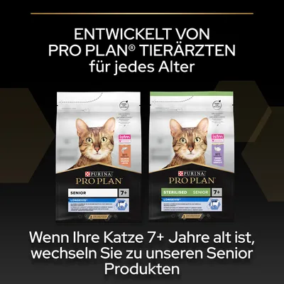 Texte en allemand : Entwickelt von Pro Plan Tierärzten für jedes Alter. Wenn Ihre Katze 7+ Jahre alt ist, wechseln Sie zu unseren Senior Produkten. Sacs Purina Pro Plan chat Senior visibles.