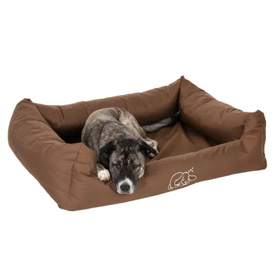 Brunt hundeseng med en liggende hund og hvidt logo med sovende hundegrafik på siden.