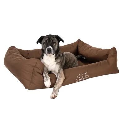 Brun hundeseng med en hund på, logo af en hund synlig på siden af sengen.