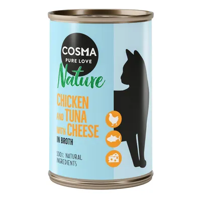 Cosma Pure Love Nature. Kip en tonijn met kaas in bouillon. 100% natuurlijke ingrediënten. Iconen: kip, vis, kaas.