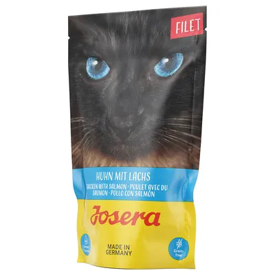 Sachet Josera FILET, Huhn mit Lachs, Poulet avec du saumon, Made in Germany, sans céréales, photo de chat sur l’emballage.