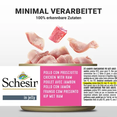 Schesir in Jelly. Minimalno predelano, 100% prepoznavne sestavine. Pollo con Prosciutto - piščanec s šunko. Sestava: piščančji file 51%, šunka 4%, riž 1,5%.