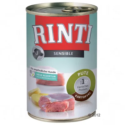 RINTI Sensible, puszka z widocznym napisem Pute, Kartoffel, Für empfindliche Hunde, Neue Rezeptur, Nur 1 tierisches Protein. Zdjęcie mięsa i ziemniaków na etykiecie.