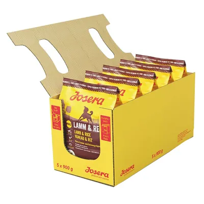Josera Lamm & Reis pienso seco para perros, pack ahorro con 5 bolsas de 900 g. Con asa y Fresh Pack para fácil manejo. Made in Germany.