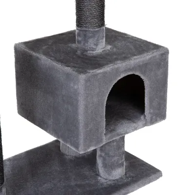Grauer Kratzbaum mit Höhle und Sisal umwickeltem Stamm, geeignet für Katzen zum Spielen und Kratzen.