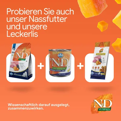 Probieren Sie auch unser Nassfutter und unsere Leckerlis. Wissenschaftlich darauf ausgelegt, zusammenzuwirken. Abgebildet: N&D Pumpkin Trockenfutter, Nassfutter, Dental Treat. Probieren Sie auch unser Nassfutter und unsere Leckerlis. Wissenschaftlich darauf ausgelegt, zusammenzuwirken. Abgebildet: N&D Pumpkin Trockenfutter, Nassfutter, Dental Treat.