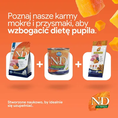 N&D Pumpkin Karma sucha, karma mokra i przysmaki dentystyczne przedstawione. Tekst: „Opracowane naukowo, aby idealnie się uzupełniać.”