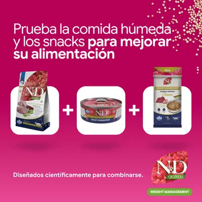 N&D Quinoa Weight Management pienso, comida húmeda y snack. Para una nutrición mejorada, desarrollado científicamente para combinar.