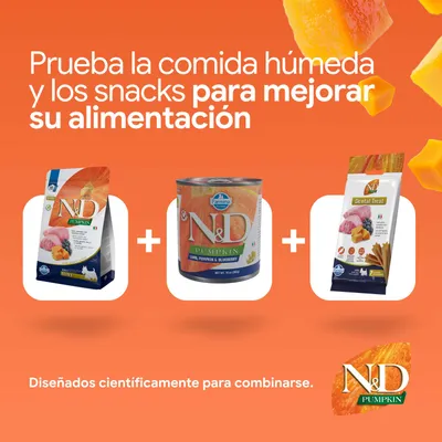 N&D Pumpkin pienso, comida húmeda y Dental Treats. Desarrollado para combinarse y ofrecer una mejor nutrición. Científicamente equilibrado. N&D Pumpkin pienso, comida húmeda y Dental Treats. Desarrollado para combinarse y ofrecer una mejor nutrición. Científicamente equilibrado.