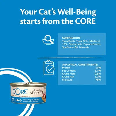 Product image showing composition: tuna broth, tuna 27%, mackerel 13%, shrimp 4%, tapioca starch, sunflower oil, minerals. Analytical values: protein 13%, fat 3.7%, fibre 0.3%, ash 1%, moisture 78%.