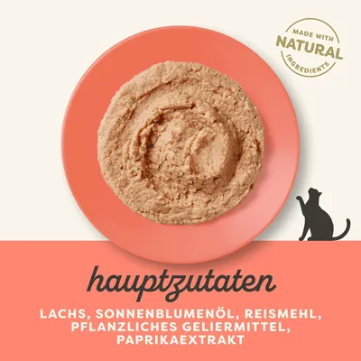 Hauptzutaten: Lachs, Sonnenblumenöl, Reismehl, pflanzliches Geliermittel, Paprikaextrakt. Made with natural ingredients.