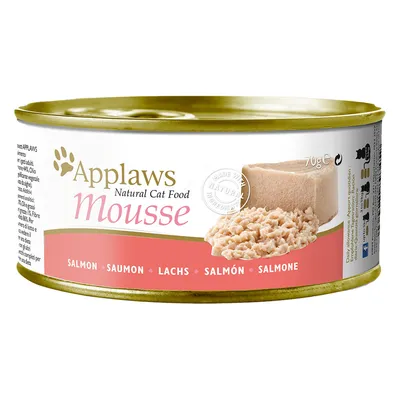 Applaws Natural Cat Food Mousse, salmone, 70 g. Testo visibile: Salmon, Saumon, Lachs, Salmón, Salmone. Immagine della mousse e del prodotto sminuzzato sulla confezione.