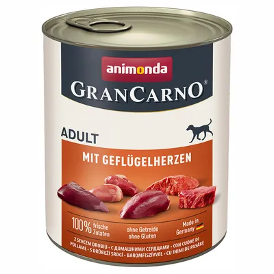 Animonda GranCarno Adult z sercami drobiowymi, 100% świeżych składników, bez zbóż i glutenu, wyprodukowano w Niemczech.