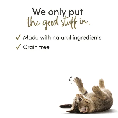 Текст на английском: We only put the good stuff in... Made with natural ingredients, Grain free. Изображение лежащей кошки.