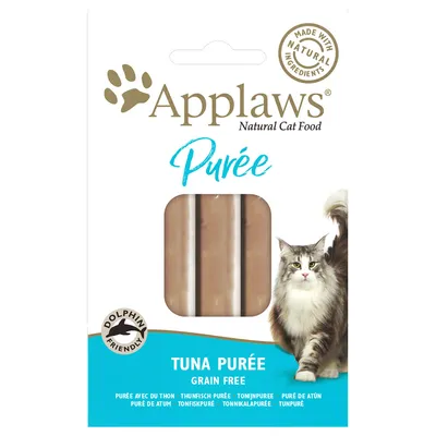 Опаковка Applaws Natural Cat Food Purée, видими три стика пюре. Текст: Made with natural ingredients, Dolphin friendly, Tuna purée grain free.