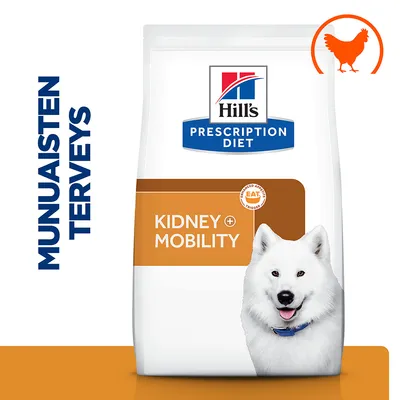 Hill's Prescription Diet Kidney + Mobility -koiranruokapakkaus, teksti 'MUNAISTEN TERVEYS', oranssi kanan siluetti, valkoinen koira edessä.