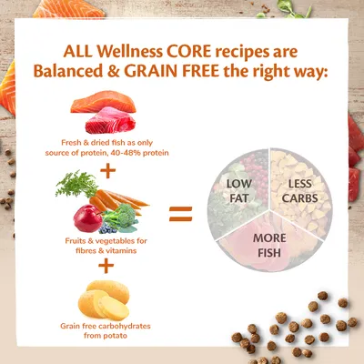 Wellness CORE recipes: fresh and dried fish as only protein source, fruits and vegetables for fibre and vitamins, grain-free potato carbs; results in low fat, less carbs, more fish.