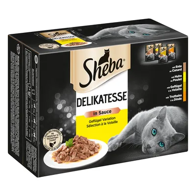 Sheba Delikatesse em molho, variedade de aves. Com pato, frango, aves e peru. Ingredientes de alta qualidade. Embalagem mostra um gato cinzento e comida húmida servida.