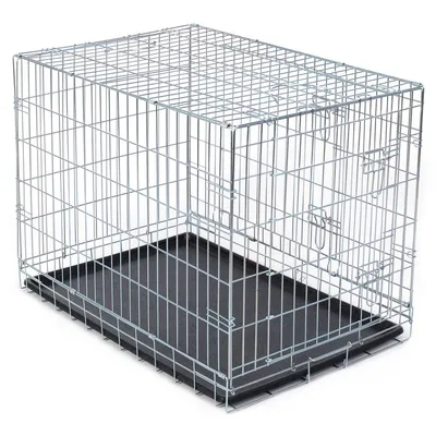 Metal wire pet crate with black removable plastic tray, rectangular shape, open front door visible. No branding or text shown.