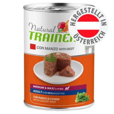Conservă Natural Trainer cu vită, pentru câini adulți de talie medie și mare (>11 kg, >12 luni), cu rădăcină de cicoare. Text vizibil: Hergestellt in Österreich. Conservă Natural Trainer cu vită, pentru câini adulți de talie medie și mare (>11 kg, >12 luni), cu rădăcină de cicoare. Text vizibil: Hergestellt in Österreich.