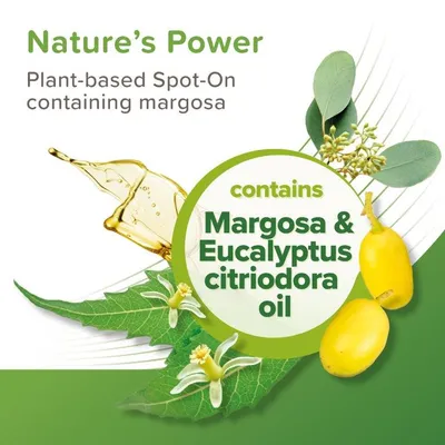 Plant-based Spot-On containing margosa, with highlighted text stating it contains margosa and eucalyptus citriodora oil.