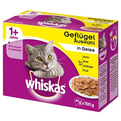 Whiskas 1+ Jahre, Geflügel Auswahl in Gelee, 12×100 g kapsiček pro kočky. Viditelné texty: Huhn, Ente, Geflügel, Pute, 100% komplett & ausgewogen.