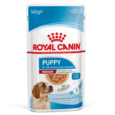 Royal Canin Medium Puppy Wet Food, 140 g, for 2–12 months, adult weight 11–25 kg, in gravy, free from preservatives, image of a puppy on the packaging. Royal Canin Medium Puppy Wet Food, 140 g, for 2–12 months, adult weight 11–25 kg, in gravy, free from preservatives, image of a puppy on the packaging.