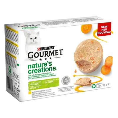 Purina Gourmet Nature's Creations, mousse al vapor con pollo y zanahorias, sin aditivos, paquete de 12 x 85 g.