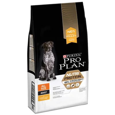 Saco de pienso para perros Purina Pro Plan Nutri Protein, 60 % proteínas animales, pollo como ingrediente principal, para adultos de todos los tamaños. Texto en francés e inglés visible.