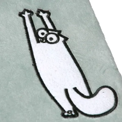 Illustration of a white cat with large eyes stretching on a green background.