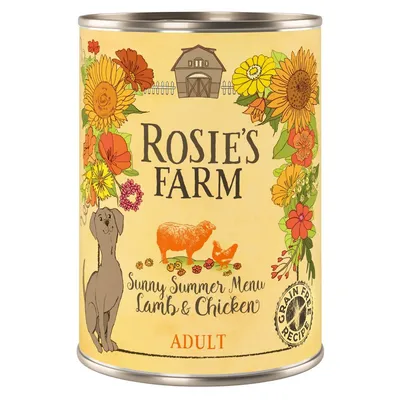 Rosie's Farm Sunny Summer Menu Lamb & Chicken ADULT, recette sans céréales, boîte illustrée avec chien, mouton et poule. Texte en anglais sur l'emballage.