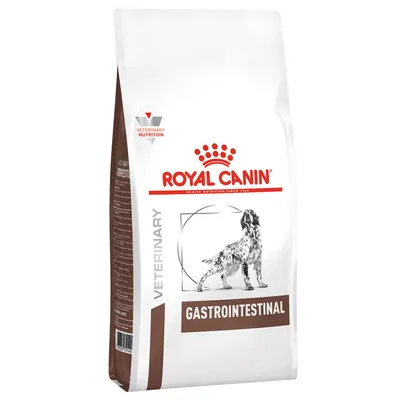 Royal Canin Veterinary Gastrointestinal -koiranruokapakkaus, etupuolella koiran kuva ja teksti GASTROINTESTINAL. Pakkaus on valkoinen ja ruskea.