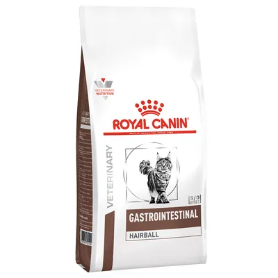 Bag labelled Royal Canin Gastrointestinal Hairball, Veterinary Nutrition. Shows product name and intended digestive support function.