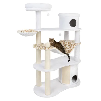 Kratzbaum mit mehreren Ebenen, Höhle, Hängematte und Spielzeugbällen. Beige-weißes Design mit Tiger-Muster. Katze liegt auf der Hängematte.