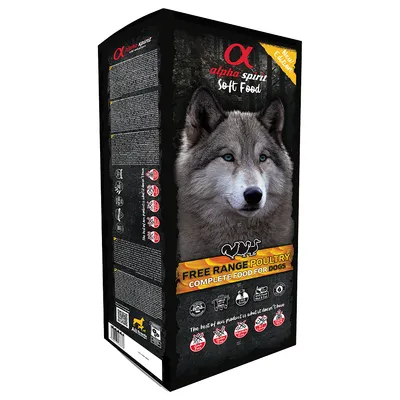 Alpha Spirit Soft Food Free Range Poultry, Alleinfutter für Hunde. Verpackung mit Wolfmotiv und Symbolen: getreidefrei, glutenfrei, ohne Fleischmehl, ohne extrudierte Zutaten.
